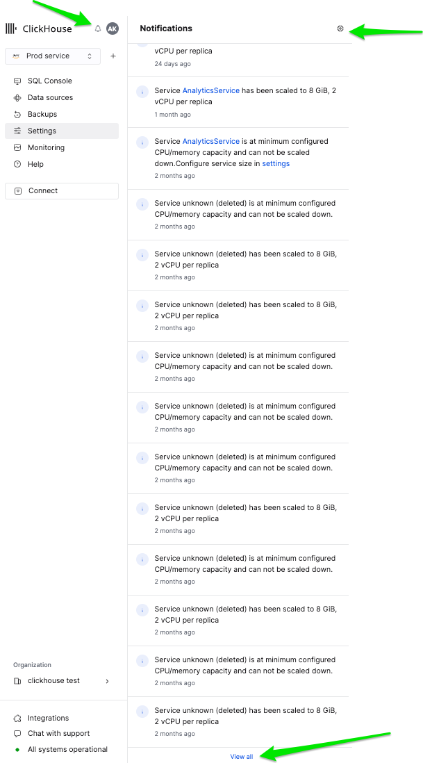 ClickHouse Cloud notifications flyout - Zoomed