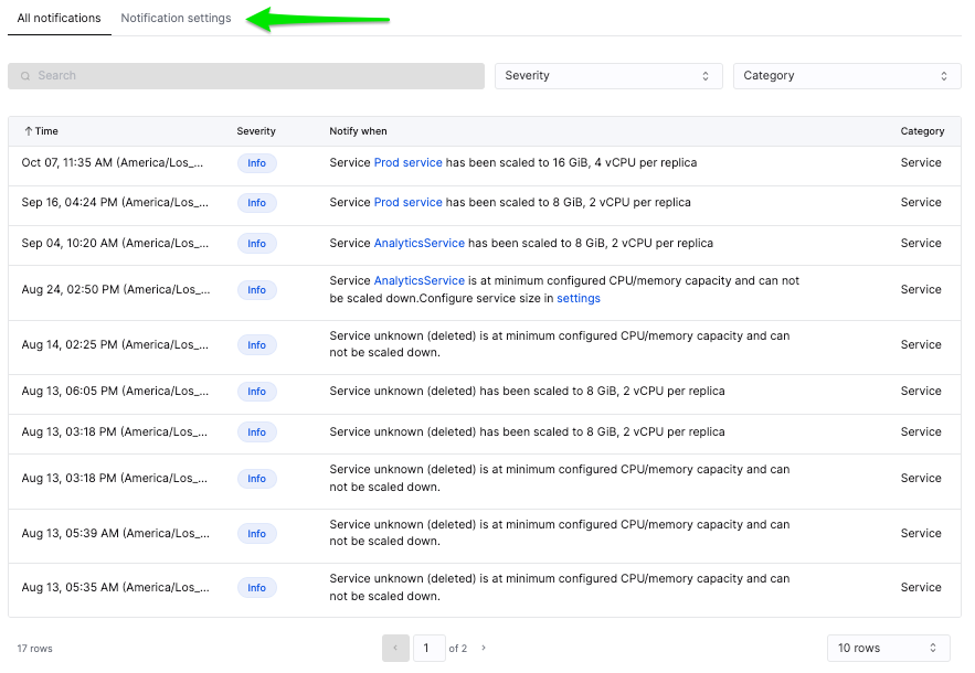 ClickHouse Cloud notifications activity log - Zoomed